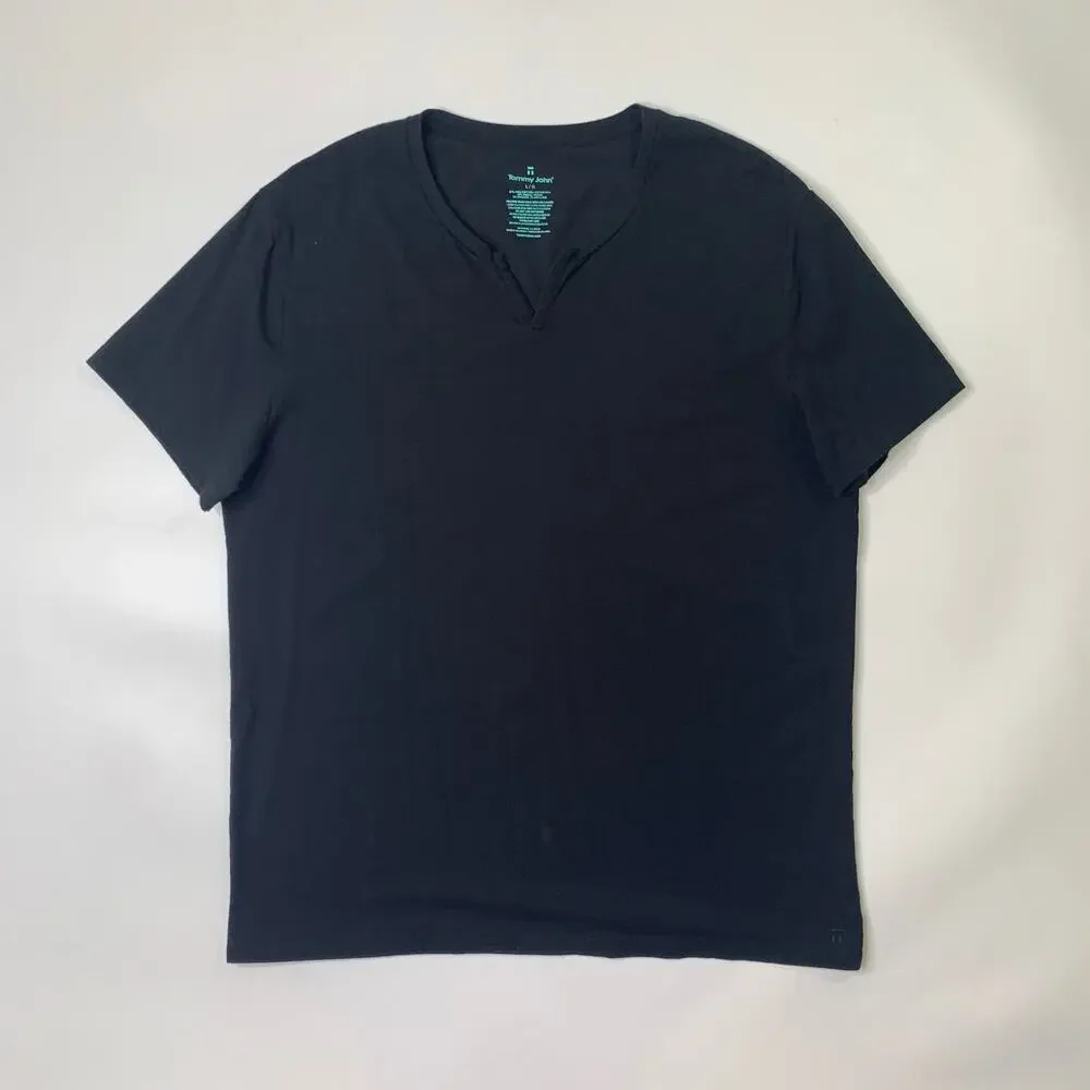 Tommy John Shirt Mens Large Black Pima Cotton Blend Stretch Split V Neck Stretch